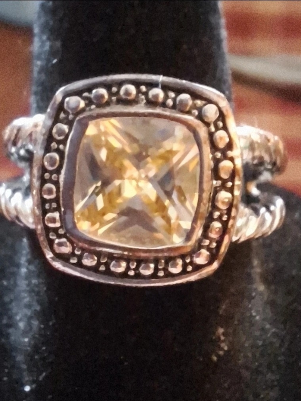 Silver Ring with Yellow Cushion-Cut Crystal Center